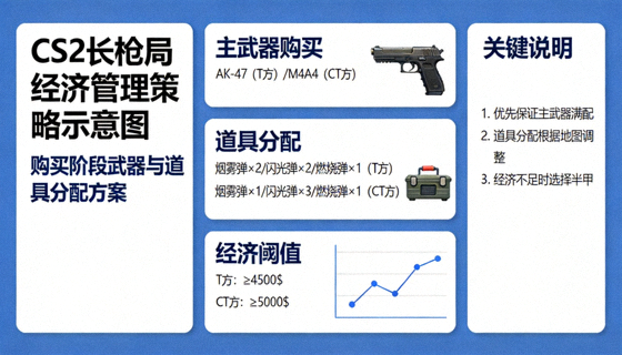 CS2长枪局经济管理策略示意图，展示购买阶段武器与道具分配方案